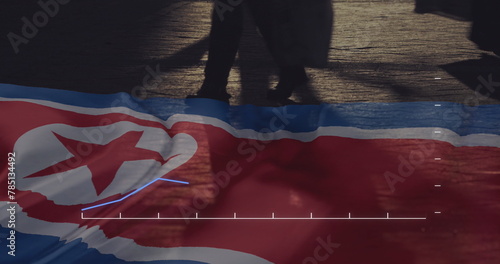 Image of diagram and flag of north korea over people walking in city