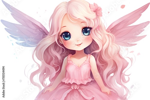 Cute cartoon girl with pink hair and angel wings. Vector illustration.
