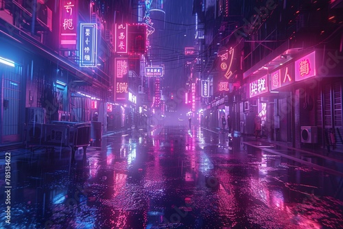 This image depicts a hyperrealistic 3D rendering of a cyberpunk metropolis  featuring a desolate street adorned with vibrant neon lights and a gritty urban backdrop.
