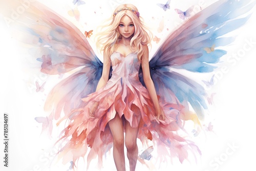Beautiful blonde fairy girl in pink dress with butterfly wings. Watercolor illustration.