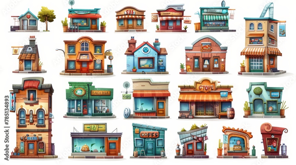 Set of cartoon buildings isolated on a white background. Apartment houses, pubs, cafes, bookstores, grocery shops with banners on walls. Architectural model of town. Set of cartoon buildings isolated on a white background. Apartment houses, pubs, cafes, bookstores, grocery shops with banners on walls. Architectural model of town.