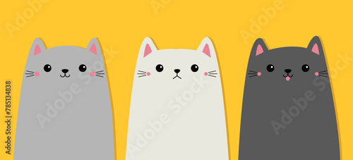 Cat set line. Black, gray, white kitten icon. Funny face head. Cute cartoon character. Kawaii animal. Love Greeting card. Silhouette sticker print. Flat design. Yellow background. Isolated. Vector