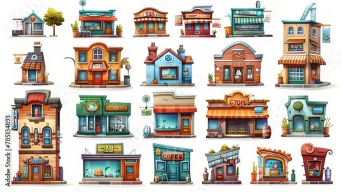Set of cartoon buildings isolated on a white background. Apartment houses  pubs  cafes  bookstores  grocery shops with banners on walls. Architectural model of town.