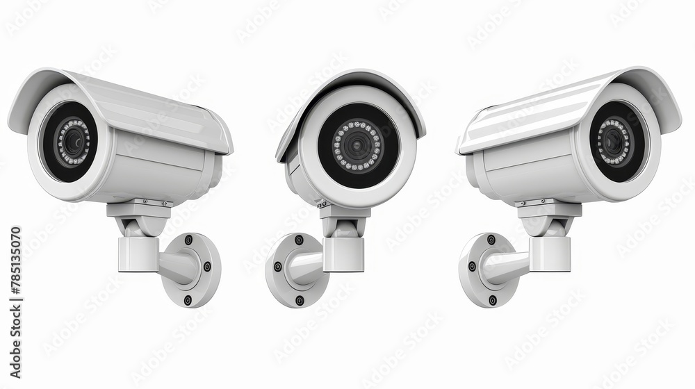 Three 3D CCTV cameras isolated on white background. Modern illustration of video cam for home, office, business, security protection, crime prevention, spy tool, business security protection.