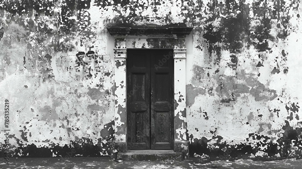 AI generated illustration of a monochrome shot of a weathered door on an aged building facade