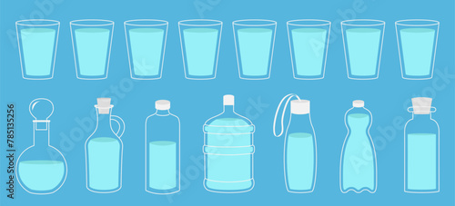 Bottle  glass cup of water icon set. Cork  plug  decanter  carafe. Drink water. Steal Aqua drop. Cute cartoon object. Different shape. Food icons collection. Flat design. Blue background. Vector