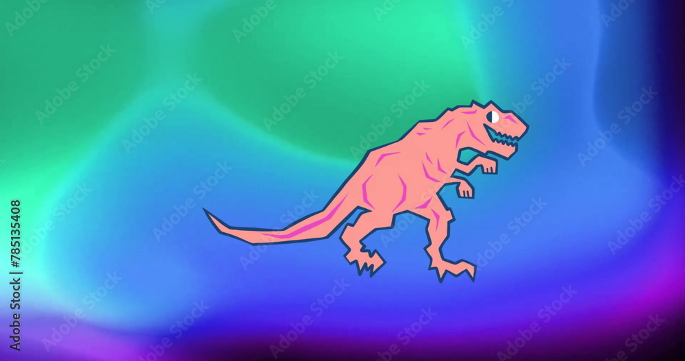 Image of pink dinosaur over blue and green background