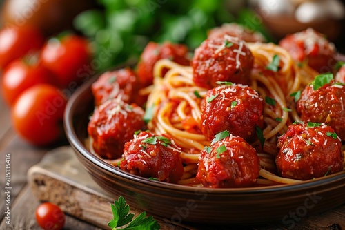 Savory pasta with meatballs and tomato sauce on a rustic table.