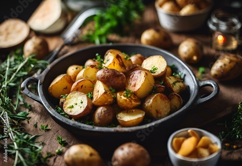 AI-generated illustration of roasted potatoes with herbs in a skillet on a rustic wooden surface