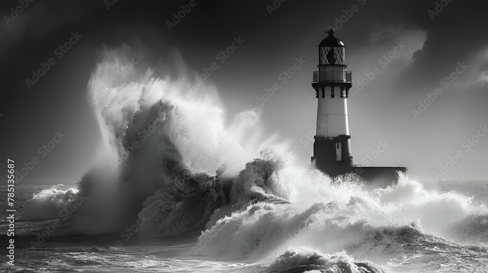 AI generated illustration of a lighthouse standing tall amidst ocean waves splashing around