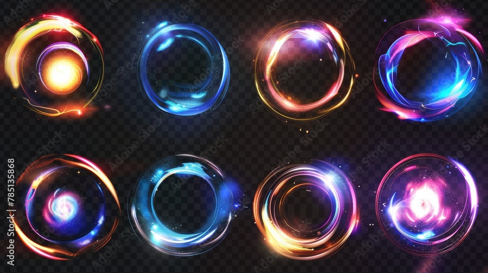 Modern set of optical halo flares with neon light modern effect set. Ring lens with glitter 3D digital design. Radiant speed motion design. Magic energy vortex with spark. - obrazy, fototapety, plakaty 