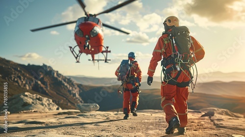 Two rescuers equipped with safety gear and climbing tools rushing to a helicopter for an emergency medical response, embodying the themes of saving and optimism.
