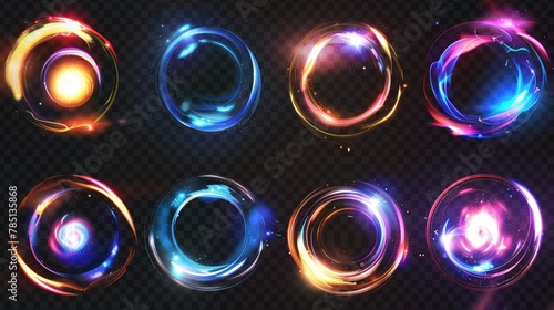 Modern set of optical halo flares with neon light modern effect set. Ring lens with glitter 3D digital design. Radiant speed motion design. Magic energy vortex with spark. photo