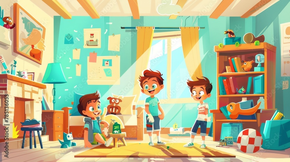 Children's bedroom interior with cartoon character modern background. Playroom illustration with toy indoors for toddlers. Kindergarten friends in apartment with sticker on wall and book shelf. Children's bedroom interior with cartoon character modern background. Playroom illustration with toy indoors for toddlers. Kindergarten friends in apartment with sticker on wall and book shelf.