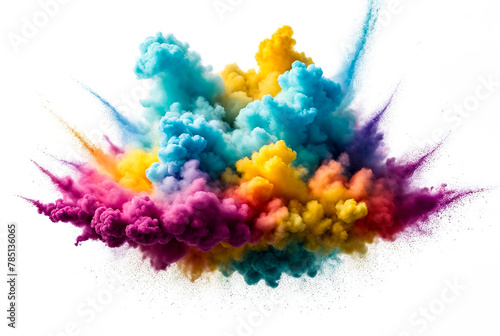 Illustration of multicolor powder explosion on white background, colored cloud painting Holi. Colorful dust explode, realistic splashing. Create backdrop concept. Gen ai illustrate. Copy ad text space