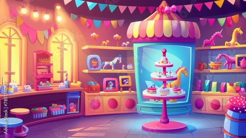 The interior of a toy store with shelves cartoon background. Magic modern carousel shelf showcase with kid gift collection. Illustration for business kids supermarkets, toyshops for happy children. photo