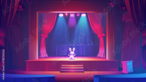 The puppet show stage modern background shows rabbit, fox, and bunny as childish animal characters performing. photo