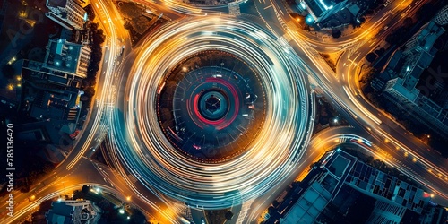 urban motion with this captivating aerial shot of a roundabout at twilight