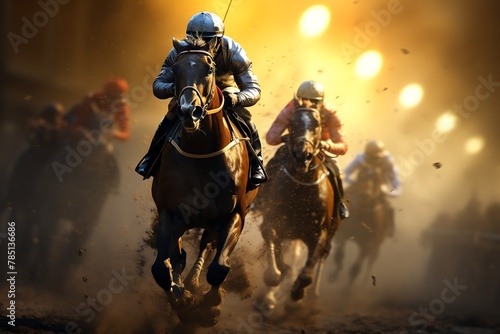 Horse race. Race horses and jockeys in action. © Creative
