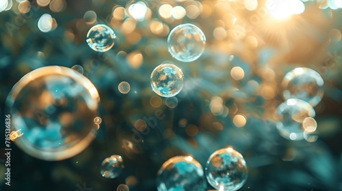 glistening bubbles floating in the air, each reflecting the surrounding environment