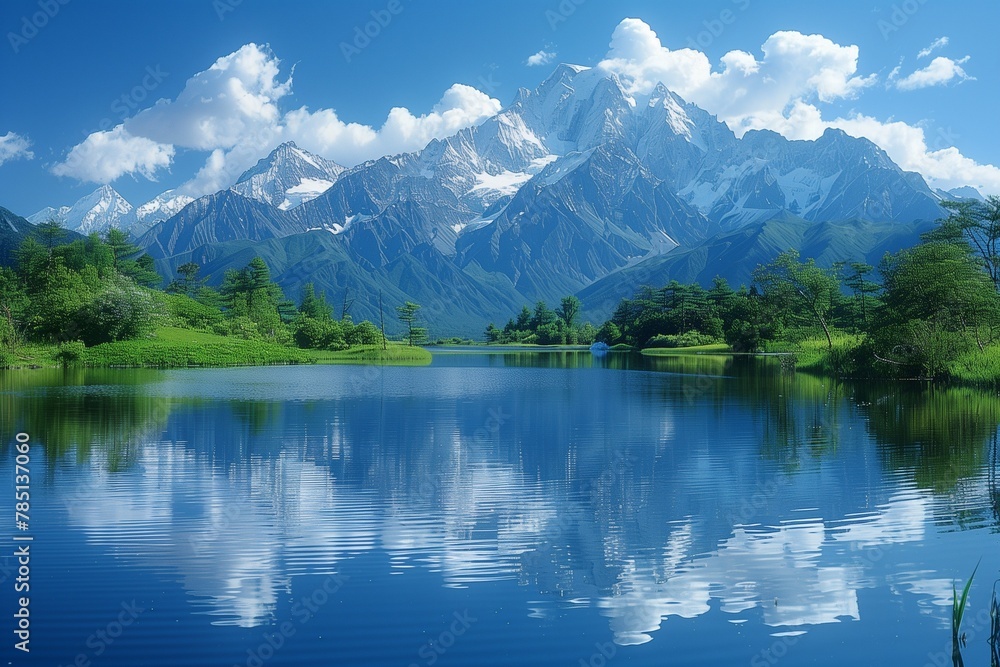 a lake and some mountains with a sky background, and a person standing in it