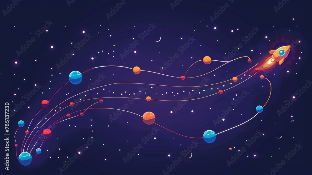 Cartoon illustration of dotted route with an imaginary alien planet along the way to the finish line and player rocket. A game UI level map showing imaginary alien planets along the way to the finish Cartoon illustration of dotted route with an imaginary alien planet along the way to the finish line and player rocket. A game UI level map showing imaginary alien planets along the way to the finish