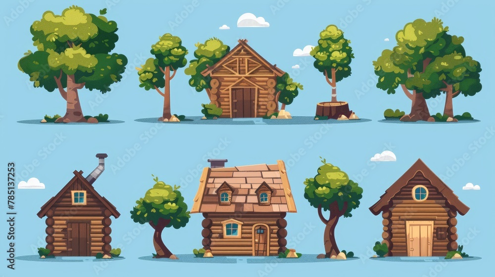 Obraz premium The wood cabin clipart is a modern set containing a summer forest house icon, a tree lodge and a window. Contains a timber cottage building on piles with a door, lodge and window.