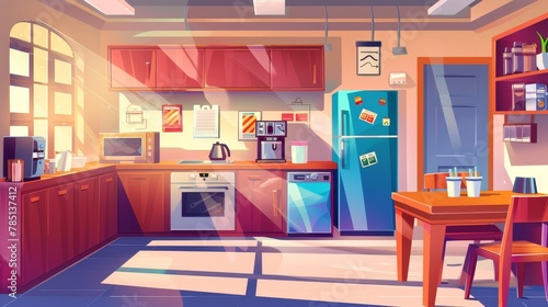 A spacious dining room in a company office with wooden furniture, a refrigerator, a coffee machine, a sweet dispenser, paper cups, a microwave oven, and sunlight shining into the room. Illustration
