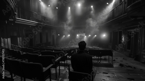 empty theater set up with empty chairs and a person looking at a screen photo
