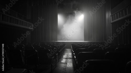 an empty theater filled with many rows of chairs and a curtain