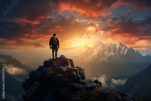 Man standing on top of a mountain and looking at the sunset. © Creative