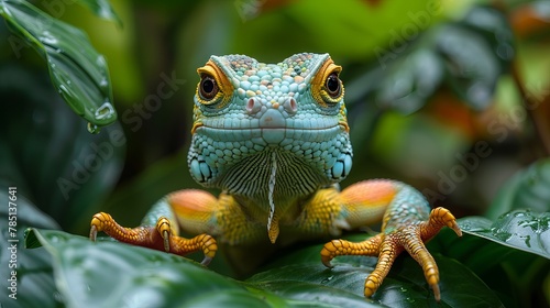 AI generated illustration of a green gecko perched in a lush rainforest, observing its surroundings photo