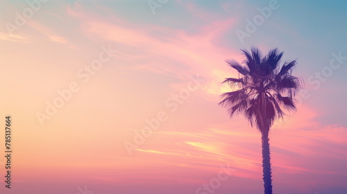 a minimalist photo of the silouette of a single palm tree against an etherial dawn horizon, soft pastel colors in the sky, whispy stratus clouds - Generative AI