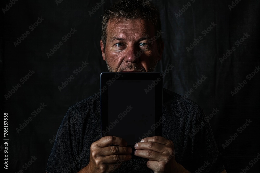 Screen display over shoulder of a middle-aged man holding an ebook with a completely black screen Screen display over shoulder of a middle-aged man holding an ebook with a completely black screen