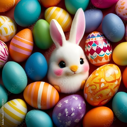 AI generated illustration of a cute little bunny surrounded by colourful Easter eggs