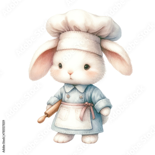 Adorable bunny chef in blue outfit  stirring with a wooden spoon  embodying culinary creativity and kitchen fun  Concept of cooking  creativity  and cute illustrations 