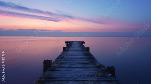 An old long wooden pier extending out into the quiet, calm sea with no one under the purple sky that darkened as the sun set. Lake at sunset, old and long wooden pier. Generative AI photo