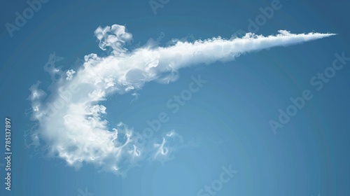 Smoky trail of condensation from a spiral plane jet. White cloud contrail in swirling sky. Straight bursts of steam flow in a smoky illustration. Takeoff speed spray. photo