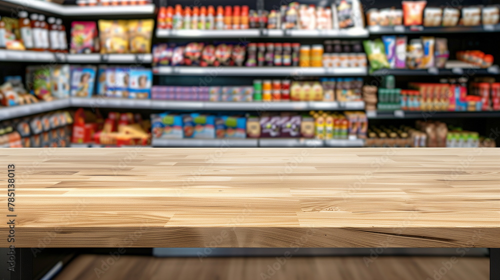 A blurry display shelf with various products beyond an empty wooden table. Convenience store, supermarket, store background. Generative AI
