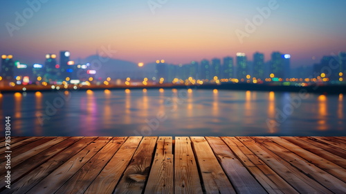 A sunset sky, city lights, river or lake that looks blurry over an empty wooden deck. night view of city and river. Generative AI
