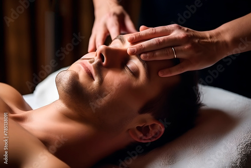 A man lies in a beauty parlor and enjoys a facial massage. Close-up of a man's portrait and woman's hands.
