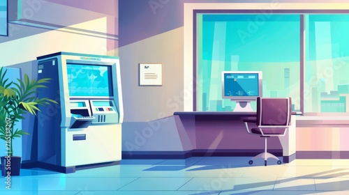 Bank office with atm cartoon background. Service area illustration with counter, desk, and chair. Open corporate workplace in financial department.