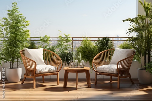 Luxury terrace with wicker armchairs and table on terrace