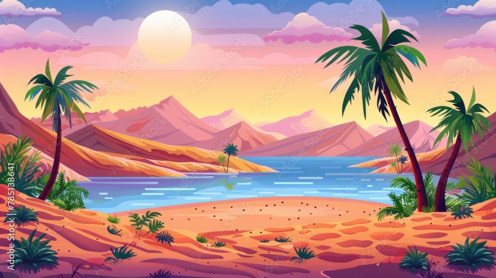 Cartoon panorama of a desert sunset or sunrise. Palm trees and plants in hot dry safari landscape with dune hills, water in lake, and water in pond. Modern illustration of an african landscape in