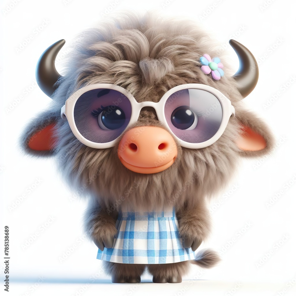 a cute Buffalo wearing dress and cool fashion eyeglasses , funny, happy, smile, white background