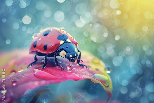 AI generated illustration of a cute ladybug crawls on a plant leaf