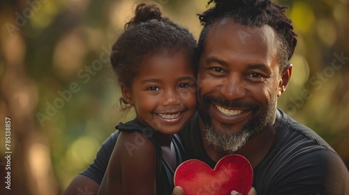 On Father's Day, a happy daughter hugs her dad with a heart in her hands