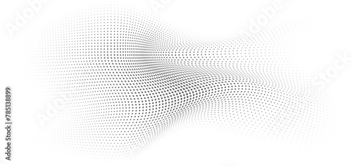 Flowing Wave Dot Halftone Pattern: Curve Gradient Shape on Transparent Background. Suitable for AI, Tech, Network, Digital, Science, and Technology Themes.
