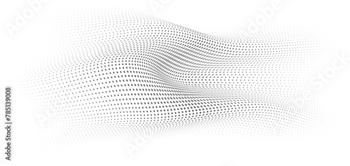 Flowing Wave Dot Halftone Pattern: Curve Gradient Shape on Transparent Background. Suitable for AI, Tech, Network, Digital, Science, and Technology Themes.