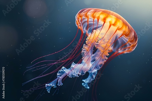 AI generated illustration of a jellyfish swimming in a deep blue sea © Wirestock